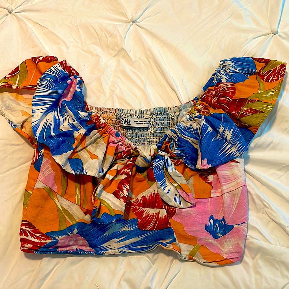 Zara Tropical Front Tye Blouse